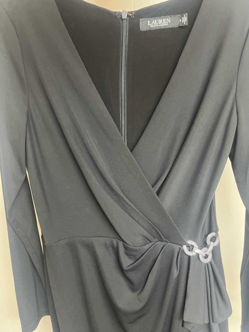 Lauren Ralph Lauren Black Long-Sleeve Wrap Dress with Rhinestone Chain